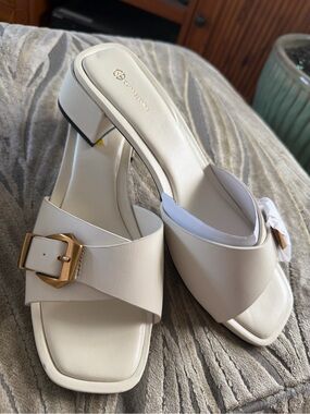 Giani Bernini Cream Slide Mules with Gold Buckle